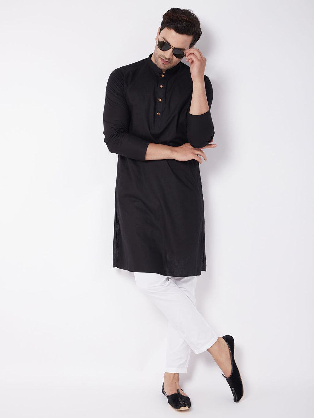 Men's Black Solid Cotton Blend Kurta & White Pyjama Set