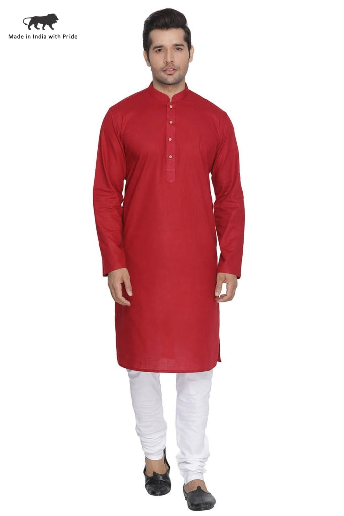 VASTRAMAY Men's Maroon Cotton Kurta and Pyjama Set