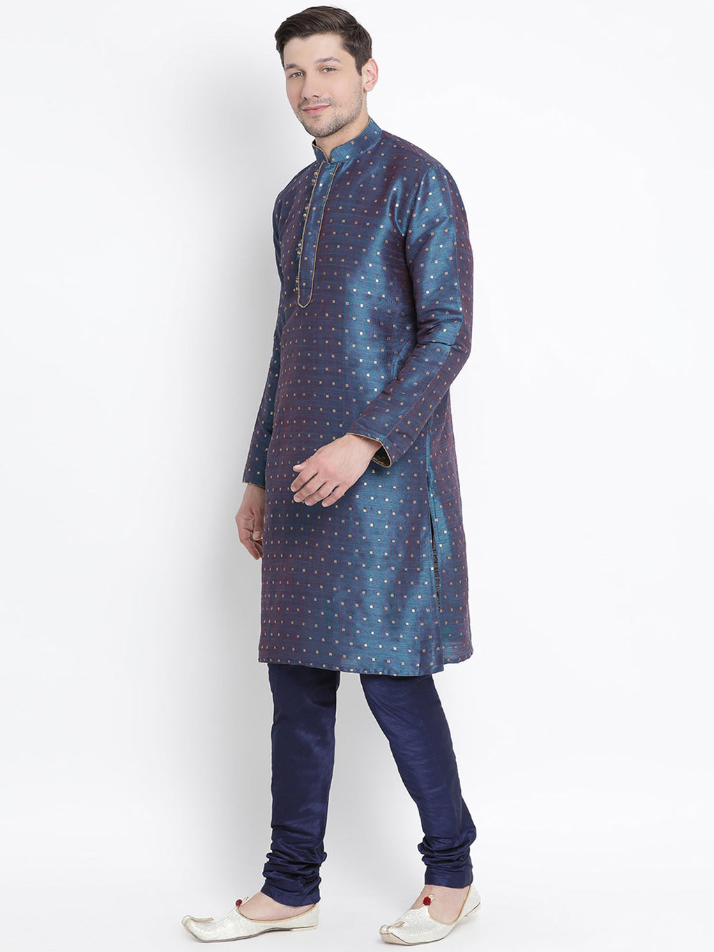 VASTRAMAY Men's Blue Zari Weaved Kurta Pyjama Set