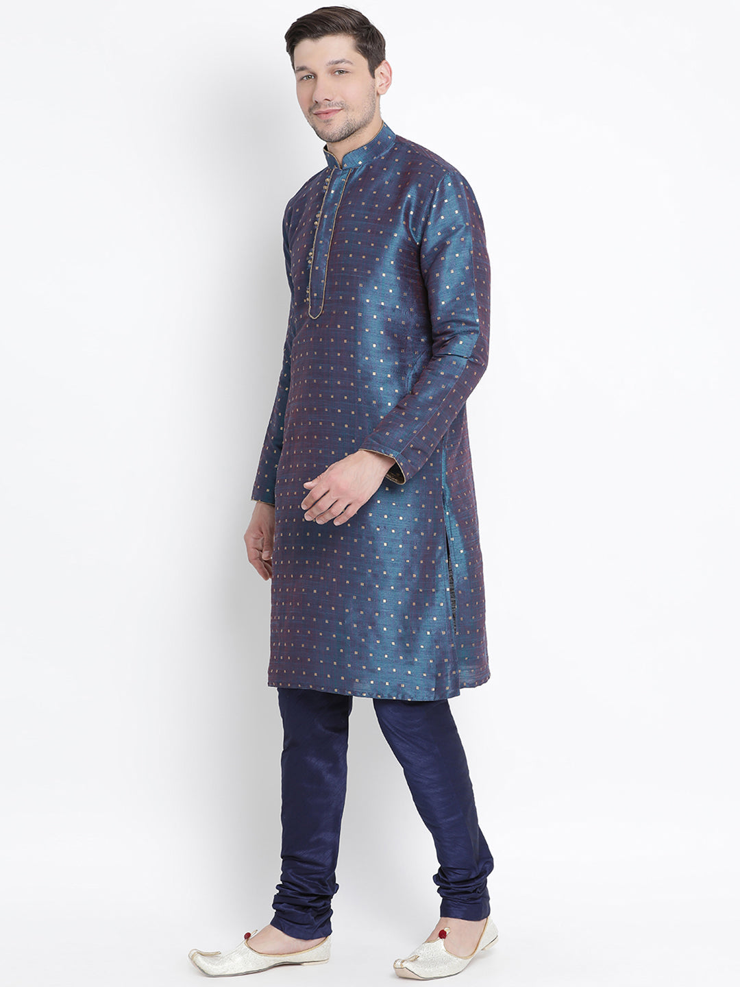 VASTRAMAY Men's Blue Zari Weaved Kurta Pyjama Set