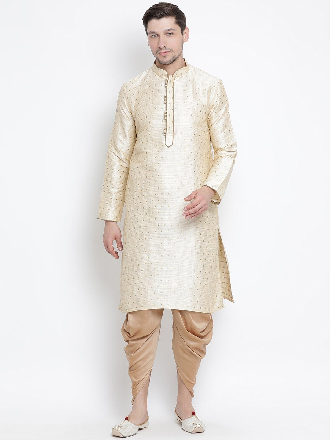 VASTRAMAY Men's Gold Zari Weaved Kurta Dhoti Set