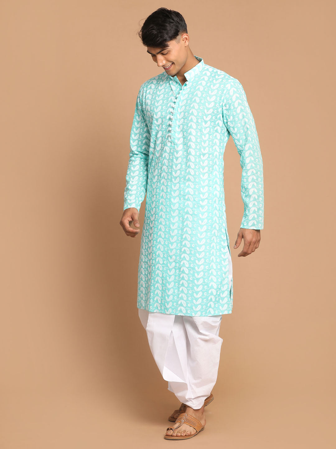 Men's Green Pure Cotton Chikankari Kurta With Dhoti Set