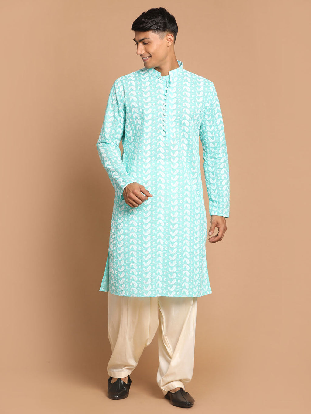 Men's Green Pure Cotton Chikankari Kurta With Patiala Set