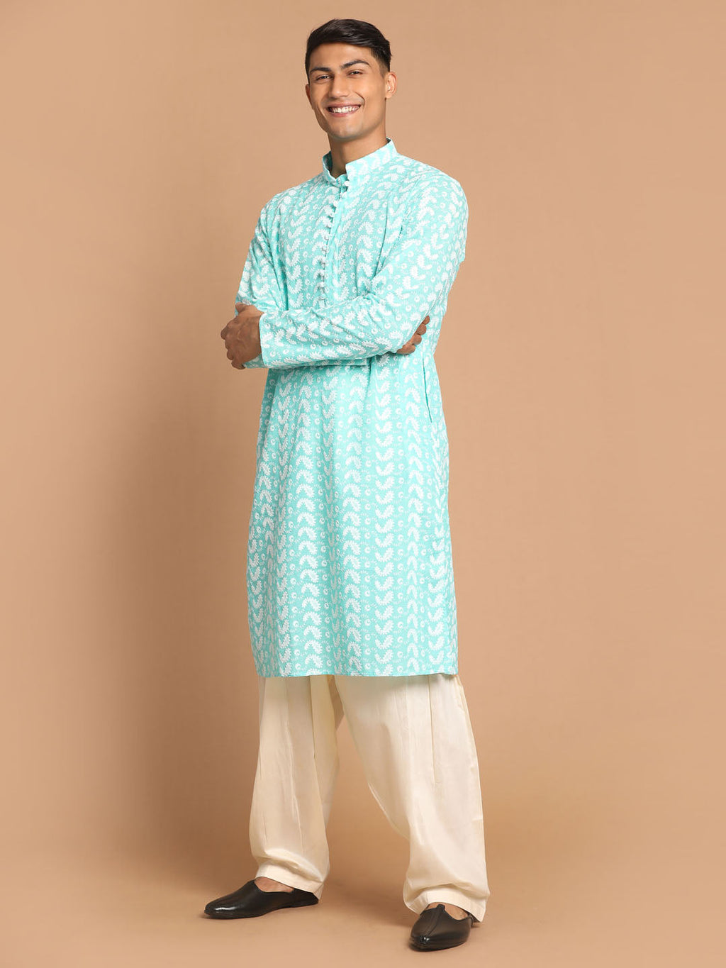 Men's Green Pure Cotton Chikankari Kurta With Patiala Set