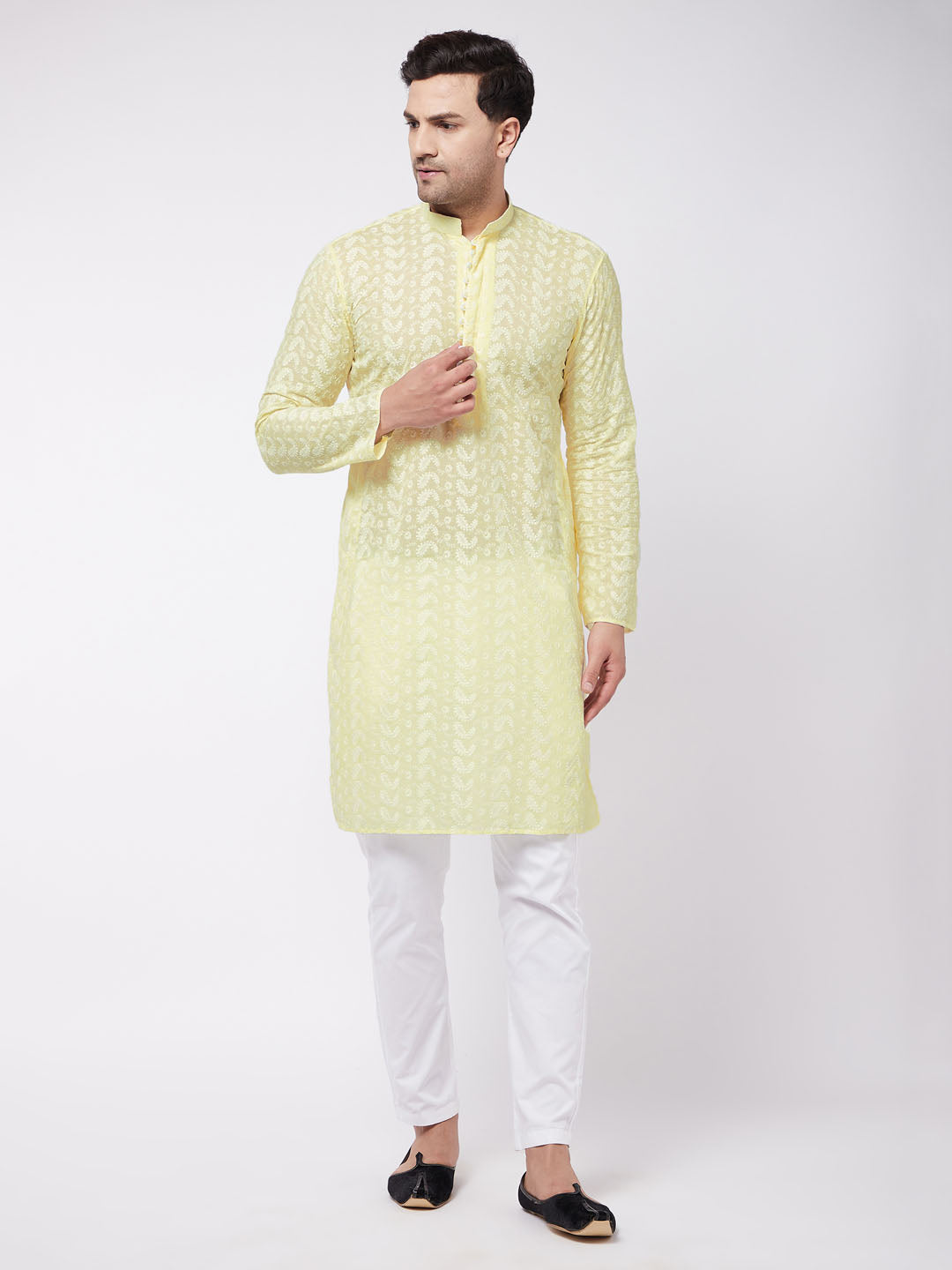 Men's Yellow Pure Cotton Chikankari Kurta With Pant Set