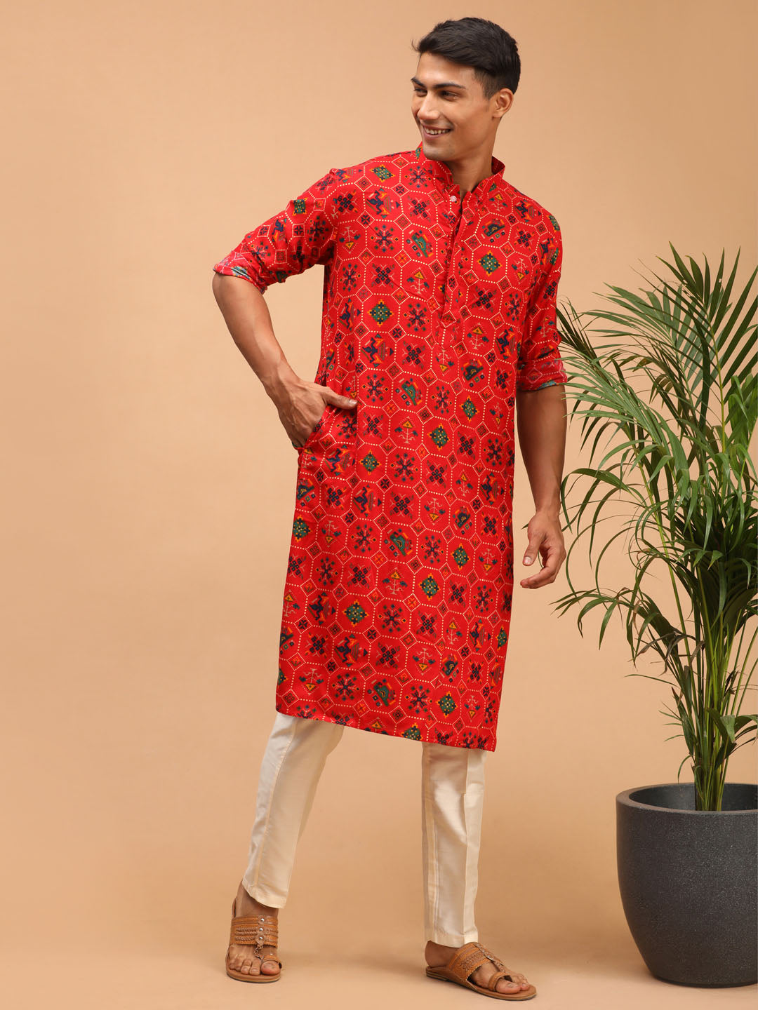 Men's Red Printed Rayon Kurta With Pant Set