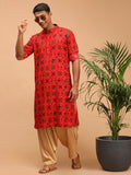 Men's Red Printed Rayon Kurta With Patiala Set