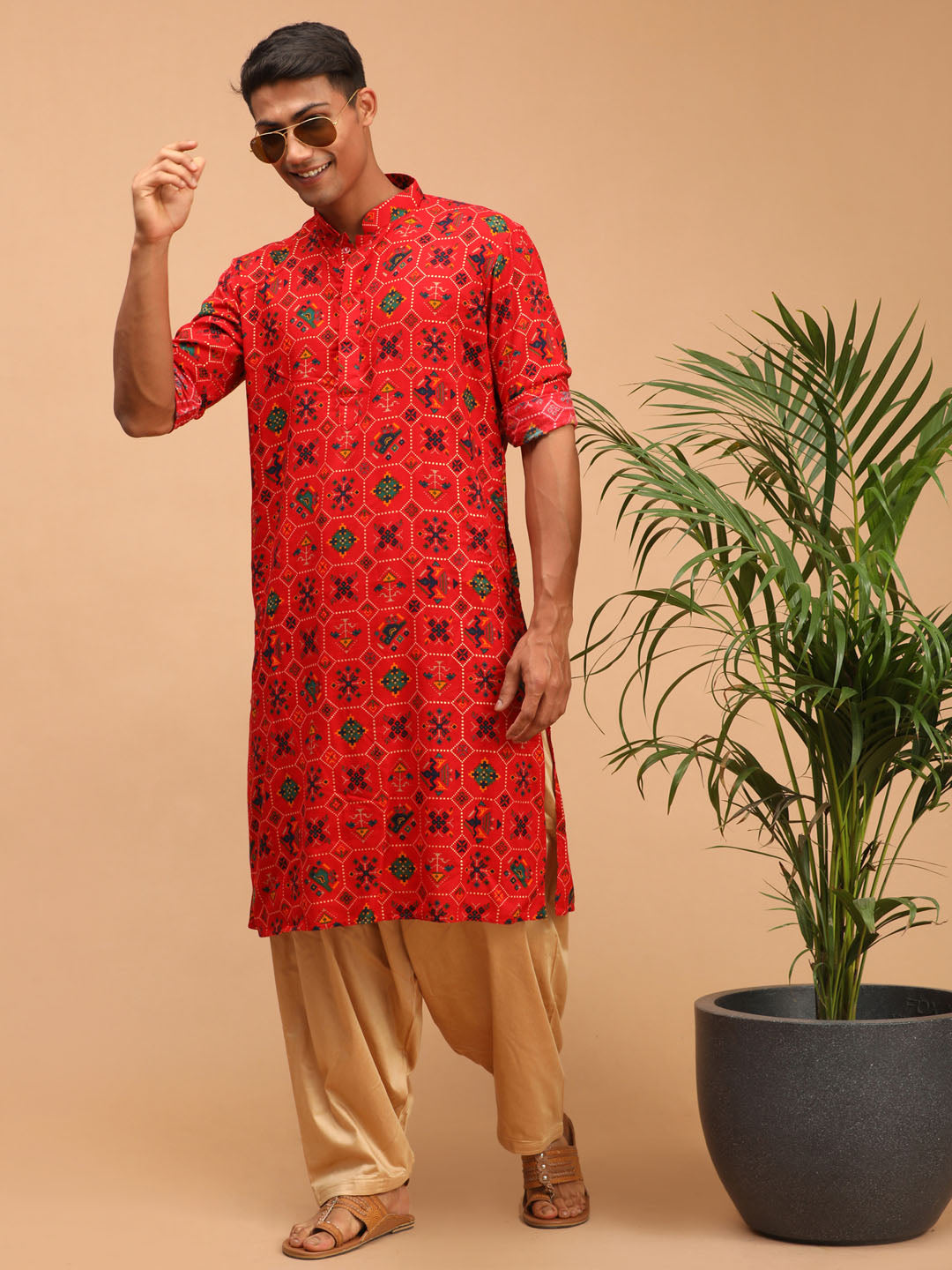 Men's Red Printed Rayon Kurta With Patiala Set