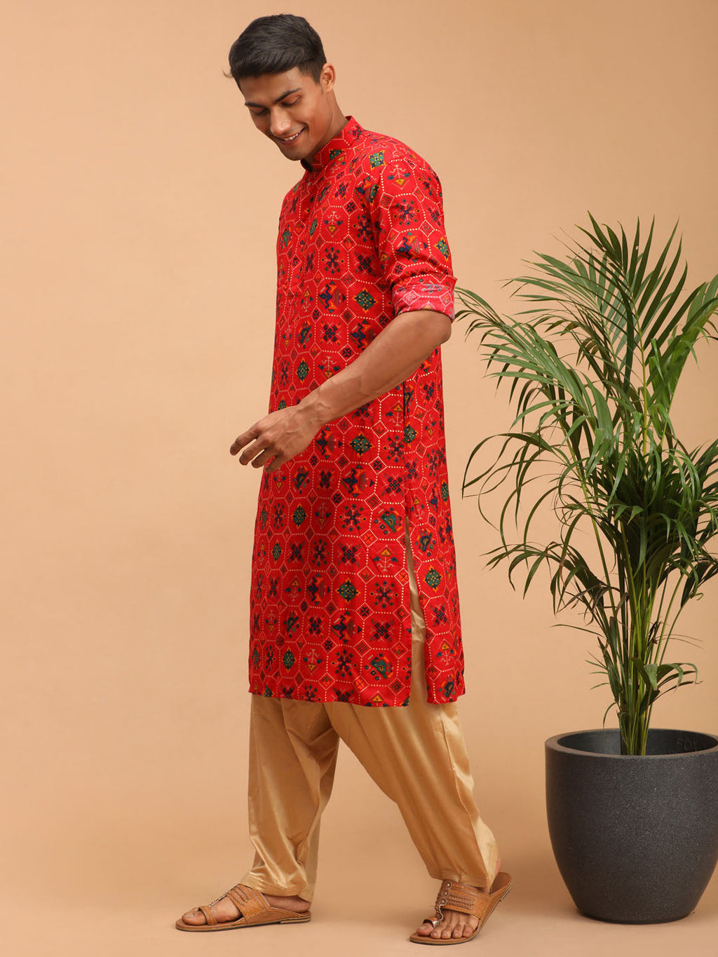 Men's Red Printed Rayon Kurta With Patiala Set