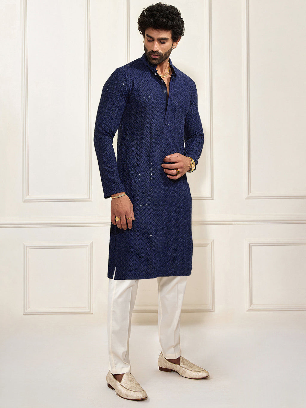 Men’s Navy Blue Shifli Sequin Embroidered Kurta with Cream Pyjama Set