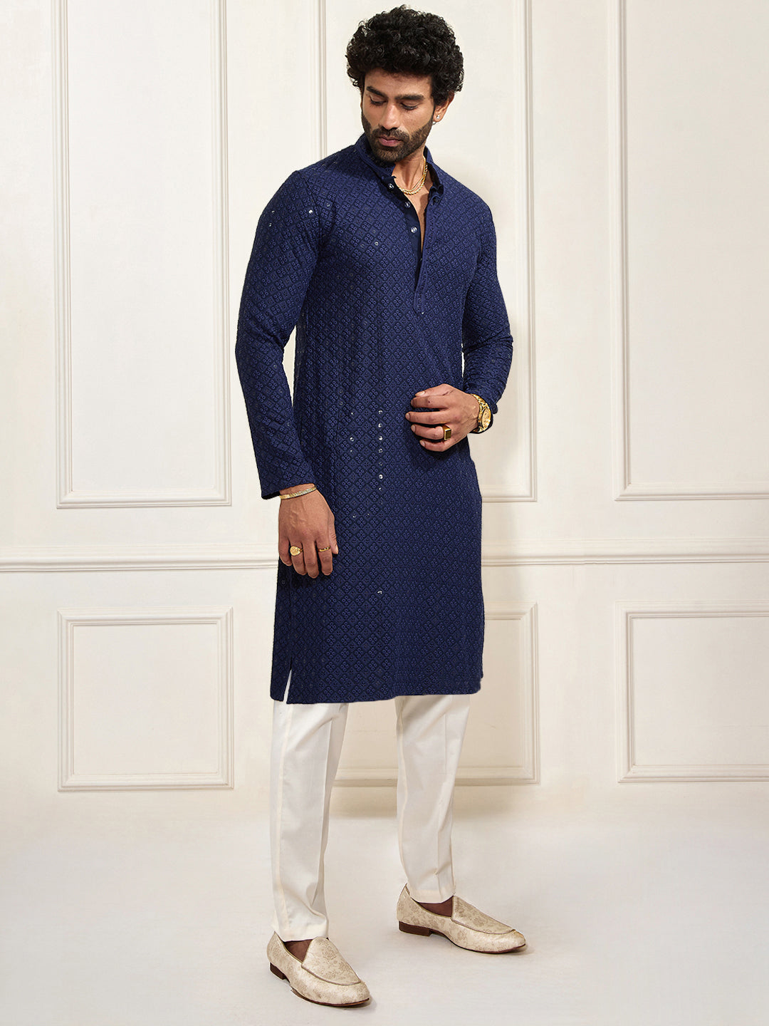 Men’s Navy Blue Shifli Sequin Embroidered Kurta with Cream Pyjama Set