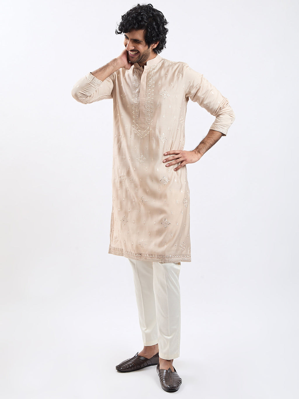 Men’s Grey Embroidered Sequined Silk Blend Kurta Pyjama Set