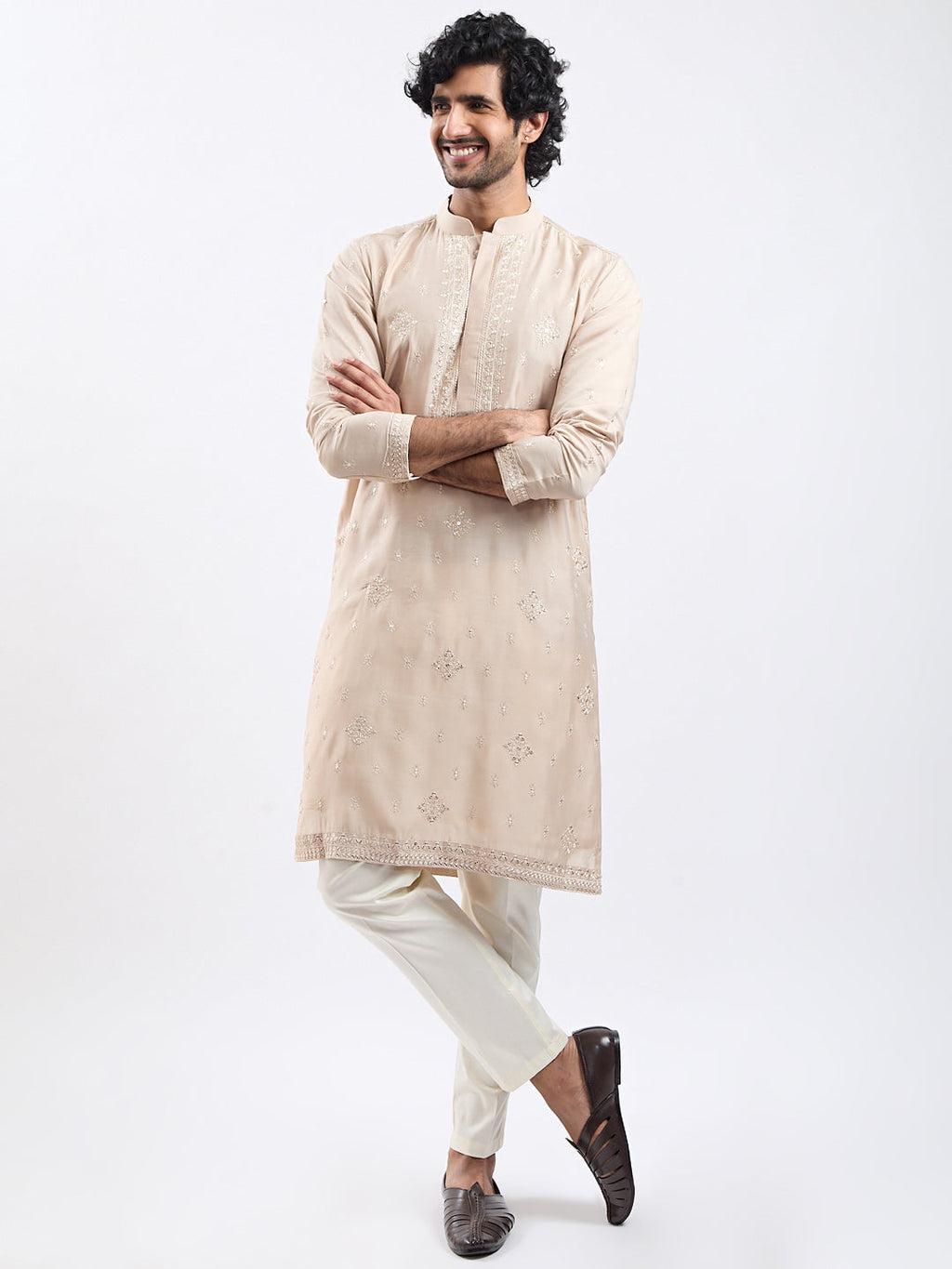 Men’s Grey Embroidered Sequined Silk Blend Kurta Pyjama Set