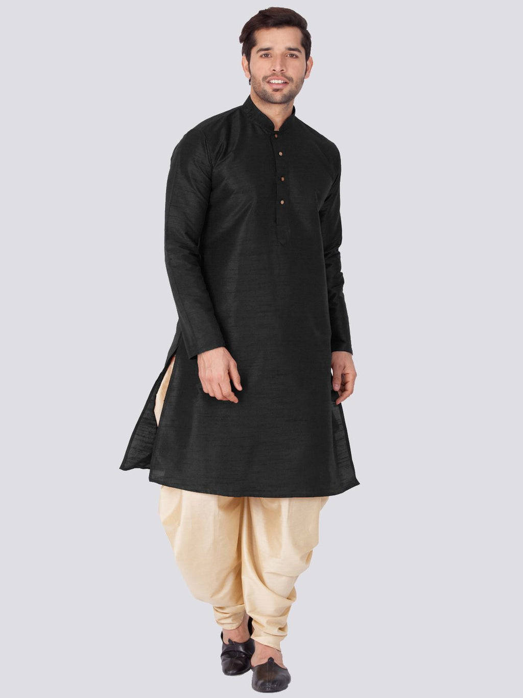 VASTRAMAY Men's Black Cotton Silk Blend Kurta and Dhoti Pant Set