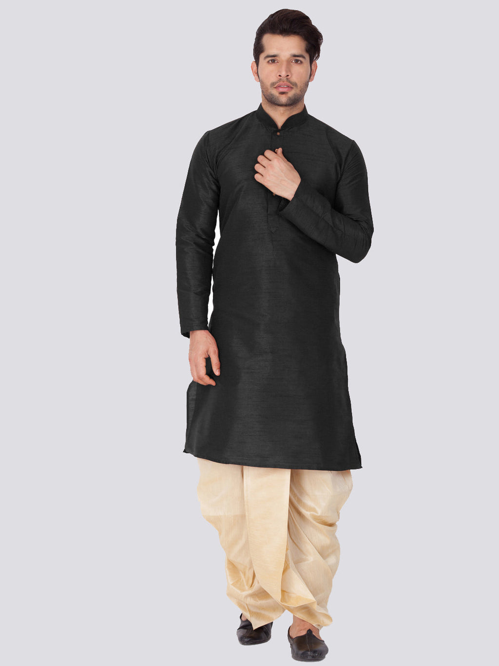 VASTRAMAY Men's Black Cotton Silk Blend Kurta and Dhoti Pant Set
