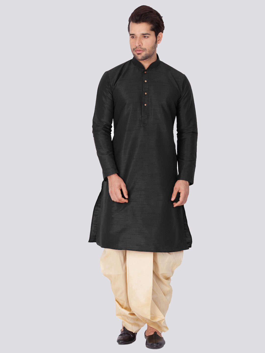 VASTRAMAY Men's Black Cotton Silk Blend Kurta and Dhoti Pant Set