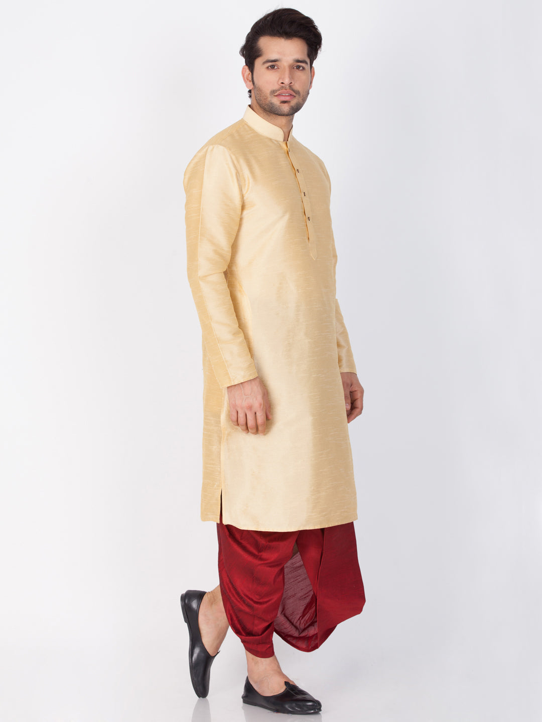 VASTRAMAY Men's Gold Cotton Silk Blend Kurta and Dhoti Pant Set