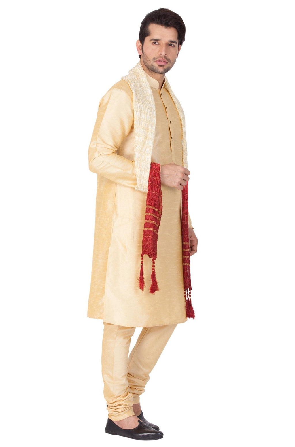 VASTRAMAY Men's Gold Cotton Silk Blend Kurta, Pyjama & Dupatta Set