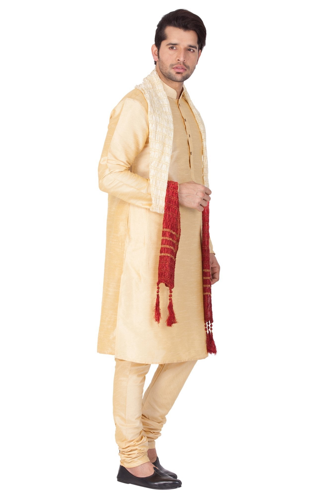 VASTRAMAY Men's Gold Cotton Silk Blend Kurta, Pyjama & Dupatta Set