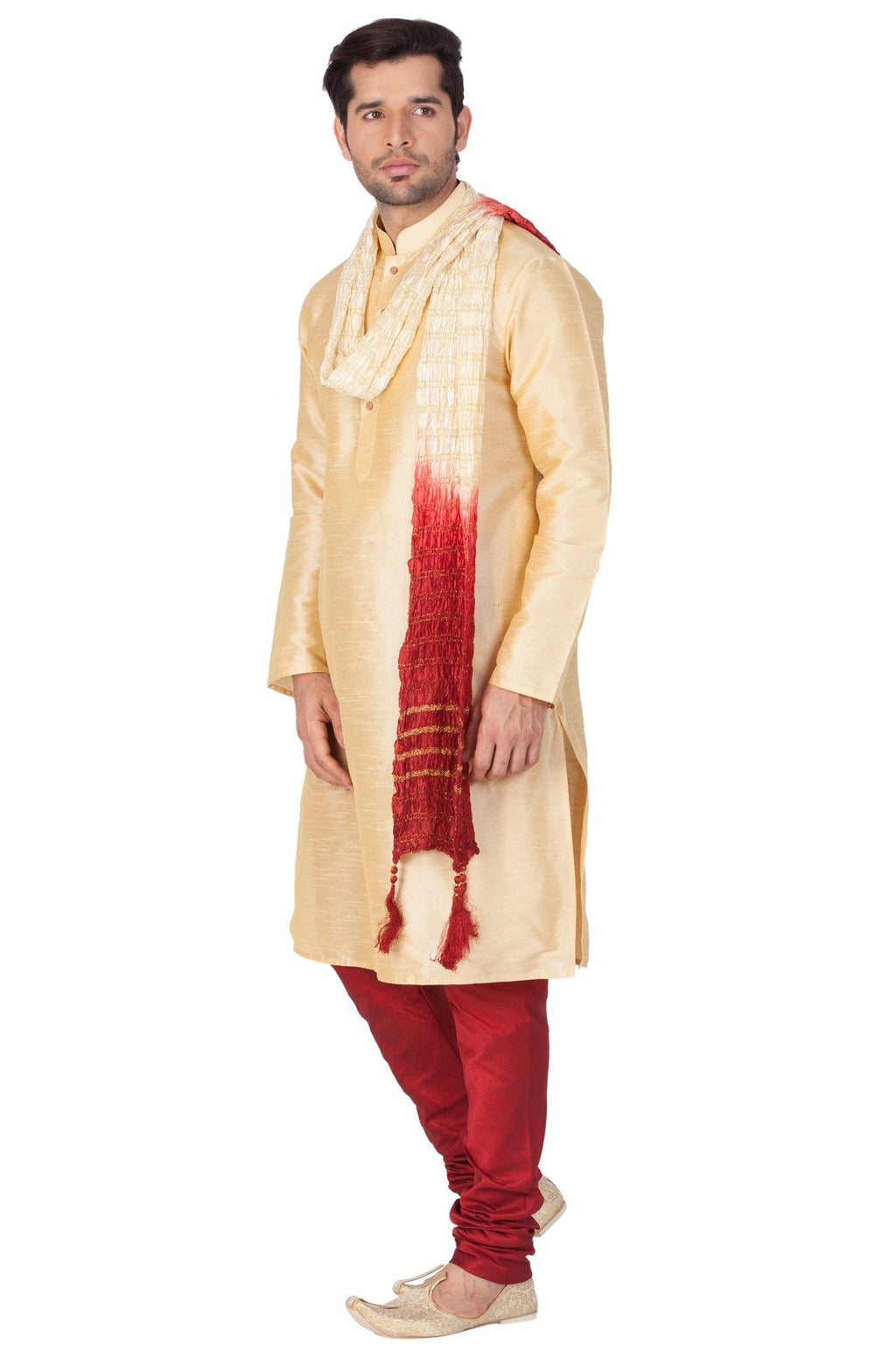 VASTRAMAY Men's Gold Cotton Silk Blend Kurta, Pyjama & Dupatta Set