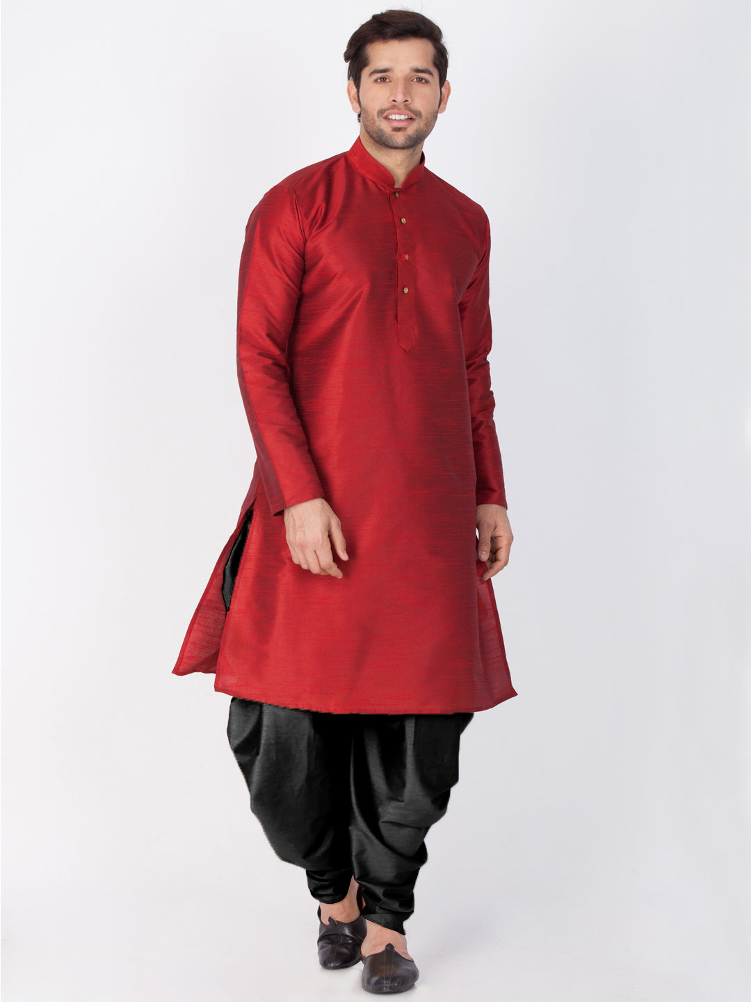 VASTRAMAY Men's Maroon Cotton Silk Blend Kurta and Dhoti Pant Set