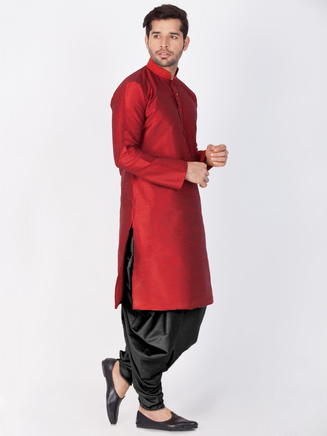 VASTRAMAY Men's Maroon Cotton Silk Blend Kurta and Dhoti Pant Set
