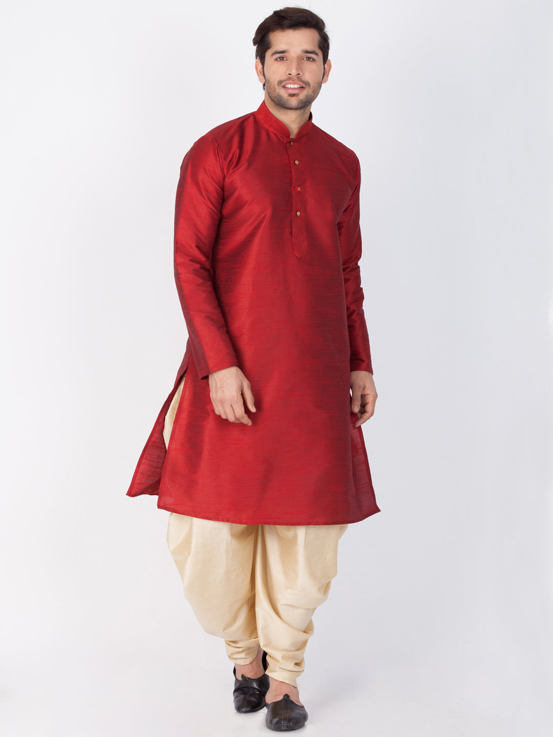 VASTRAMAY Men's Maroon Cotton Silk Blend Kurta and Dhoti Pant Set