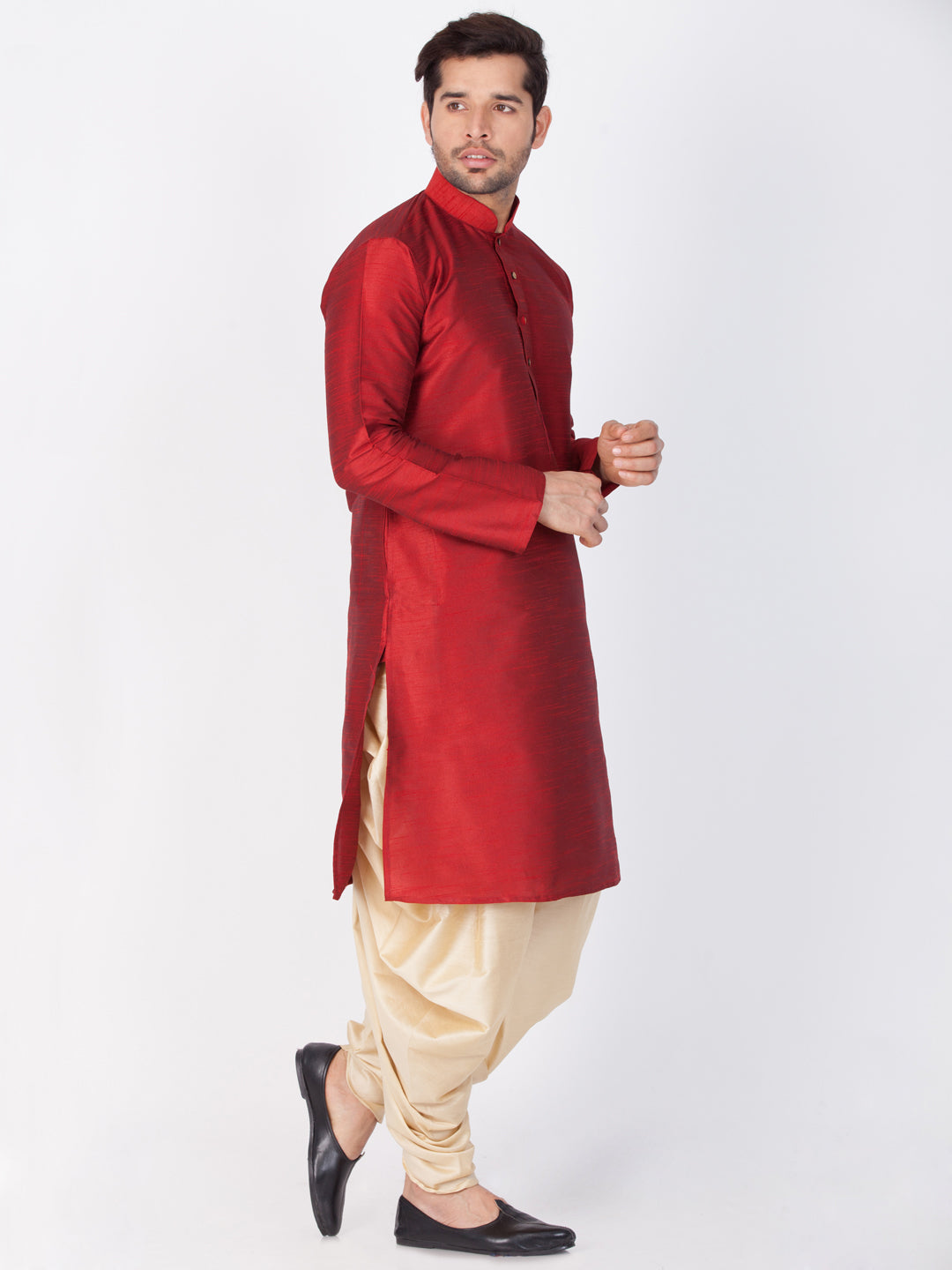 VASTRAMAY Men's Maroon Cotton Silk Blend Kurta and Dhoti Pant Set