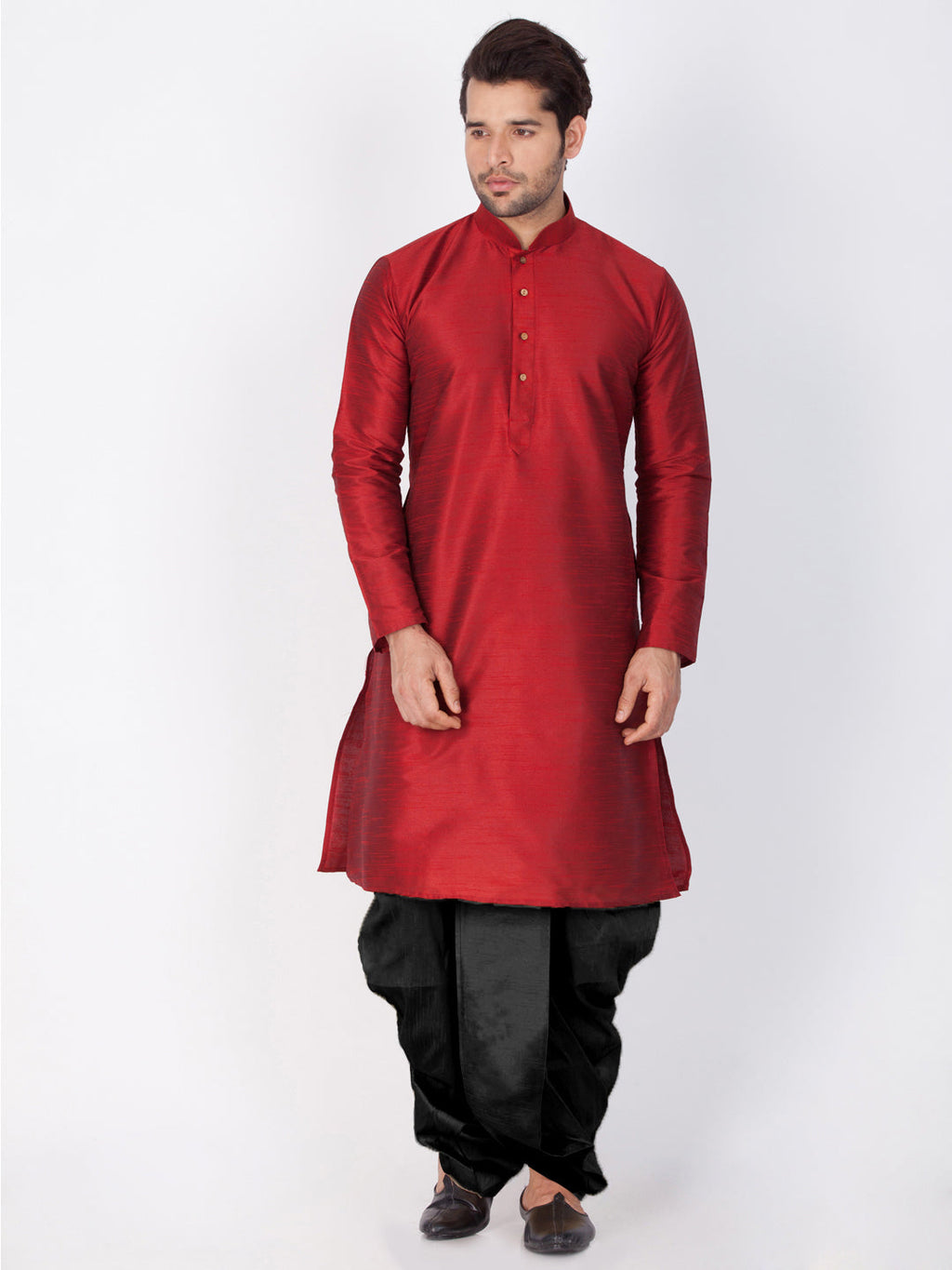 VASTRAMAY Men's Maroon Cotton Silk Blend Kurta and Dhoti Pant Set