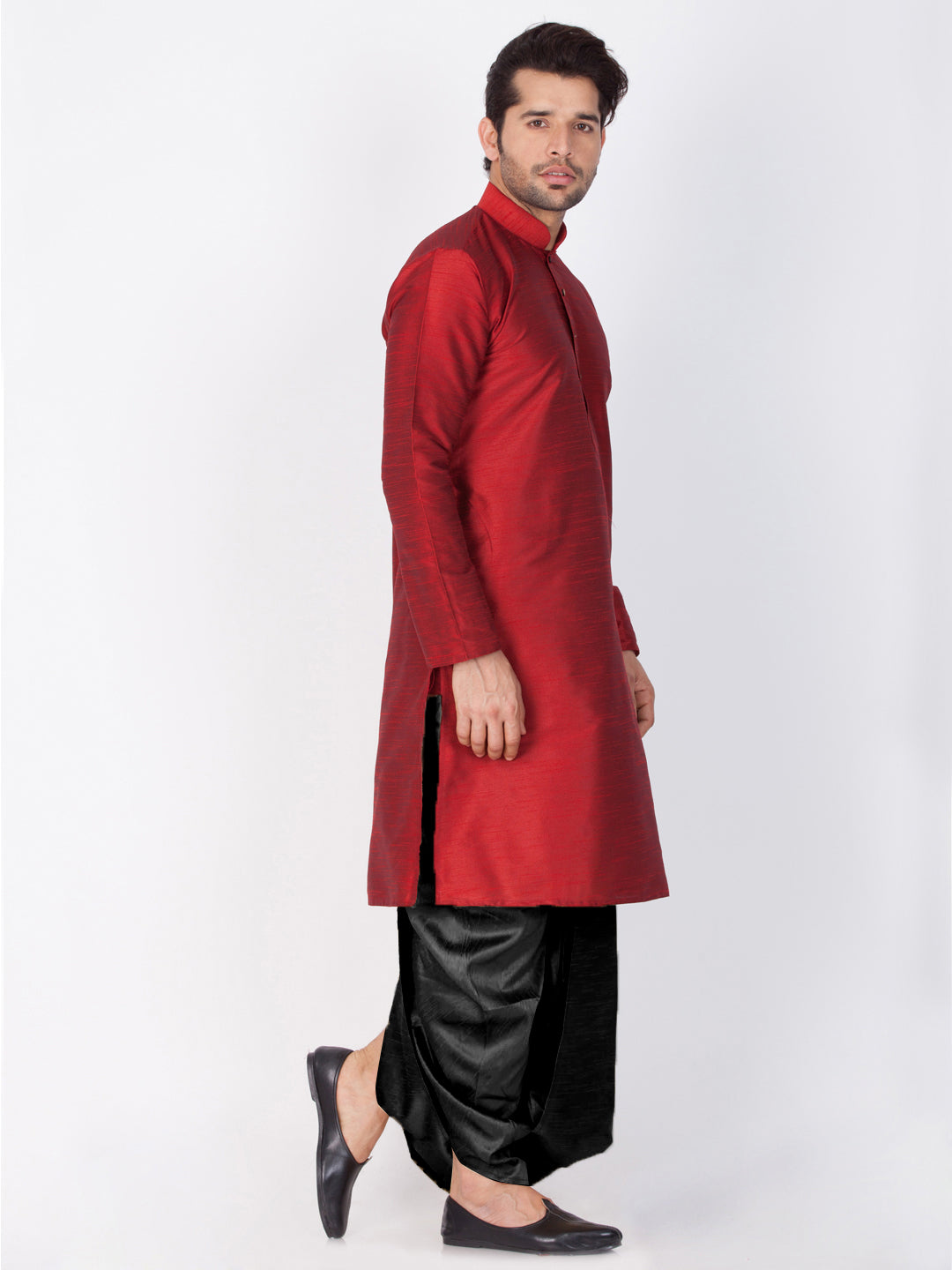 VASTRAMAY Men's Maroon Cotton Silk Blend Kurta and Dhoti Pant Set