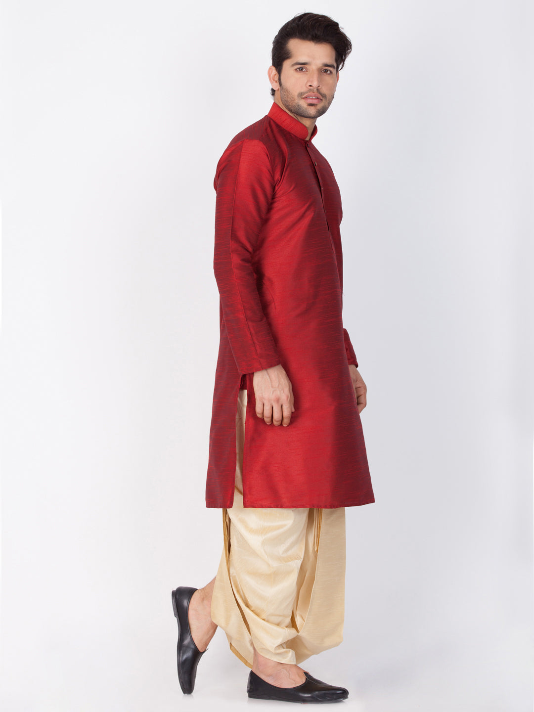 VASTRAMAY Men's Maroon Cotton Silk Blend Kurta and Dhoti Pant Set