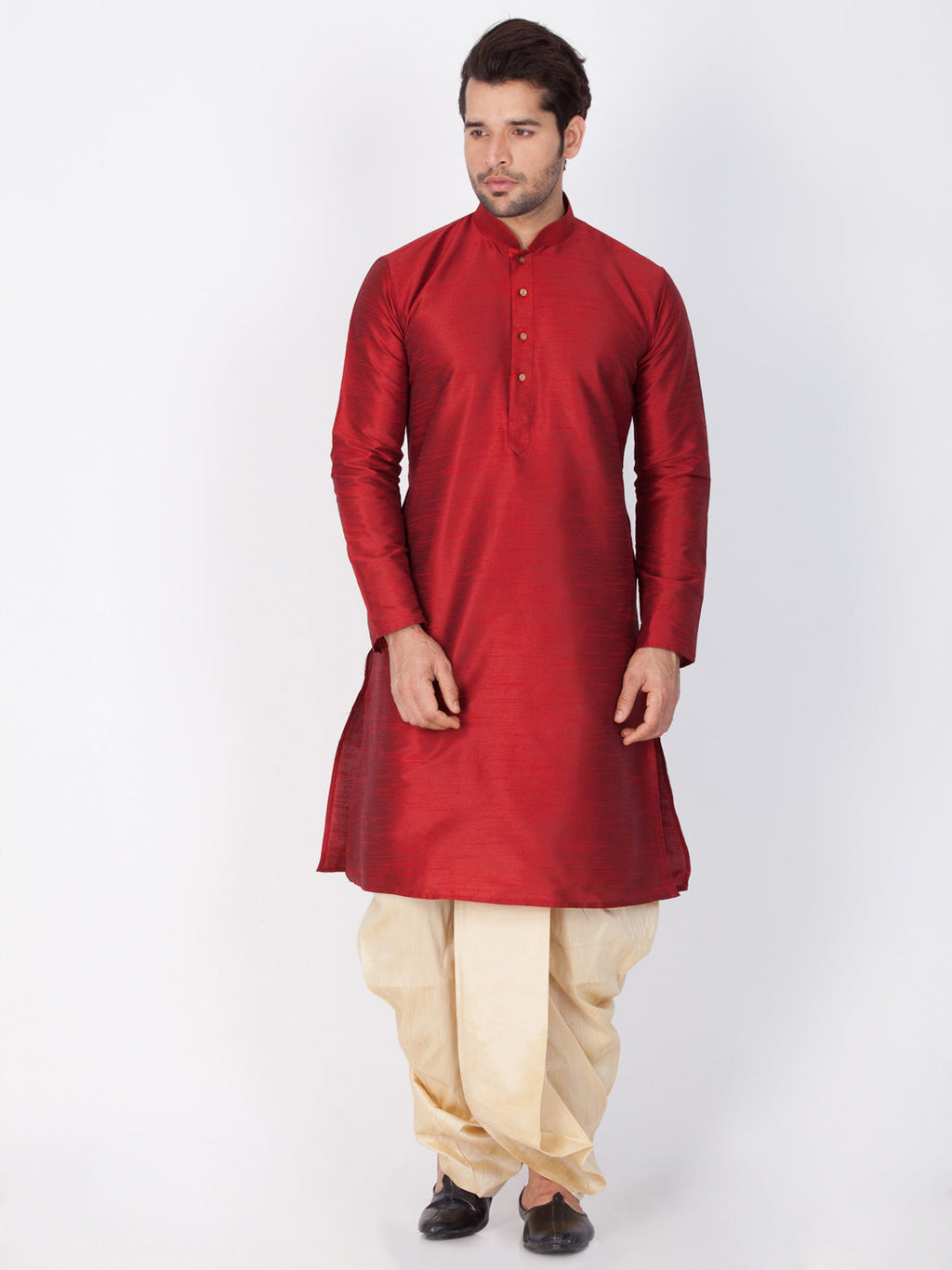 VASTRAMAY Men's Maroon Cotton Silk Blend Kurta and Dhoti Pant Set