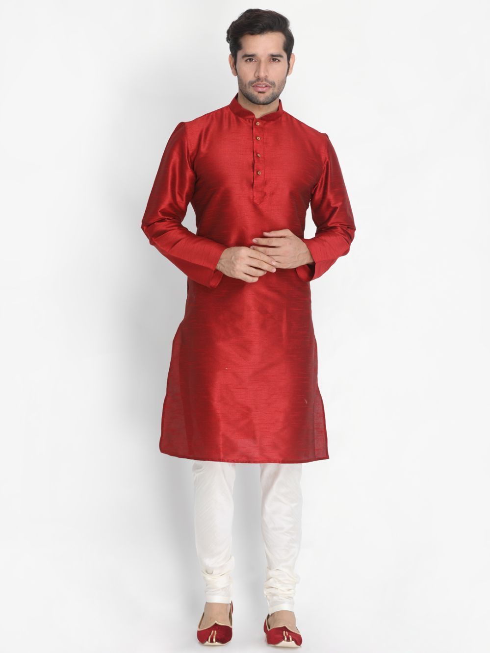 VASTRAMAY Men's Maroon Cotton Silk Blend Kurta and Pyjama Set