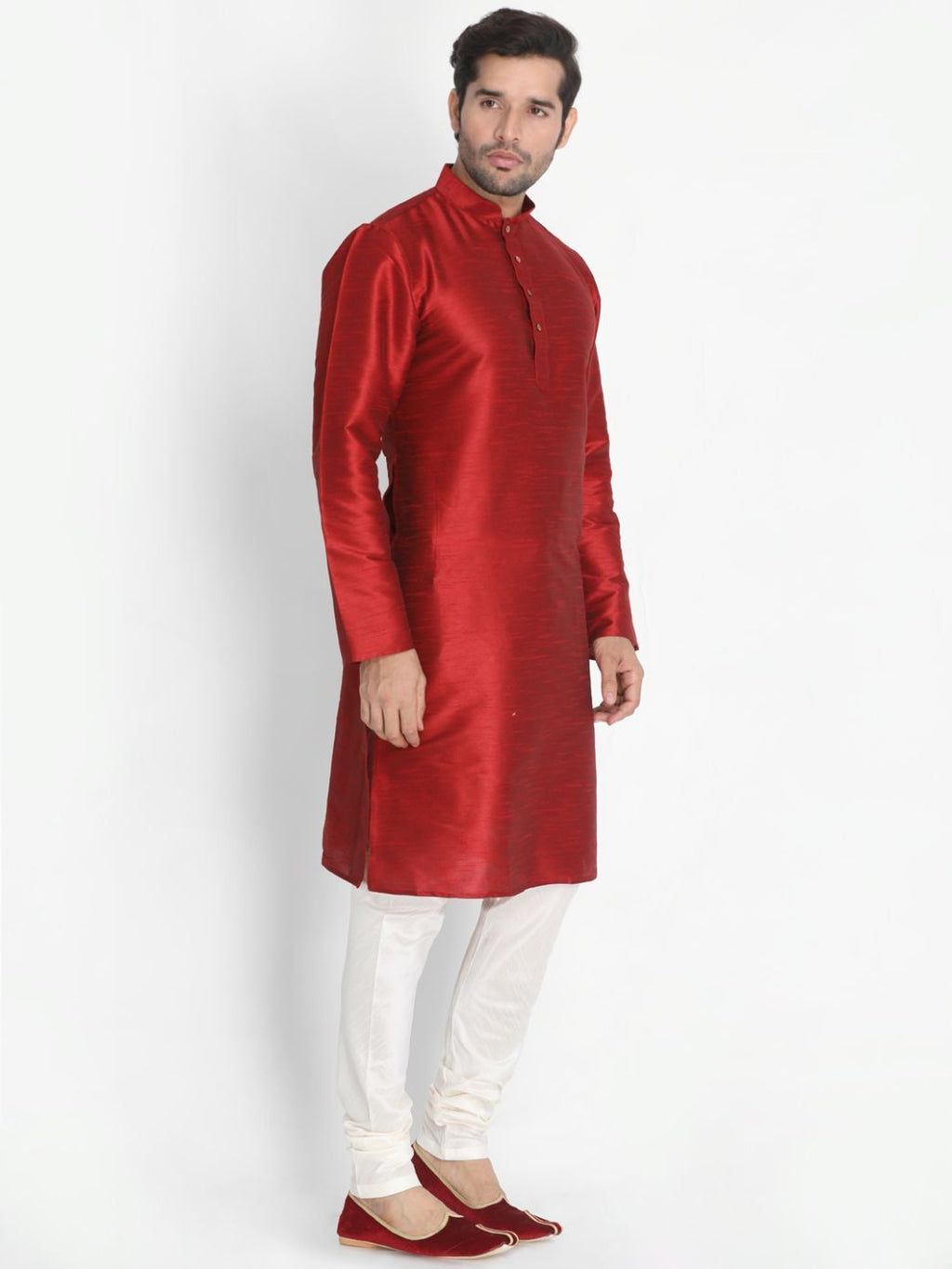 VASTRAMAY Men's Maroon Cotton Silk Blend Kurta and Pyjama Set