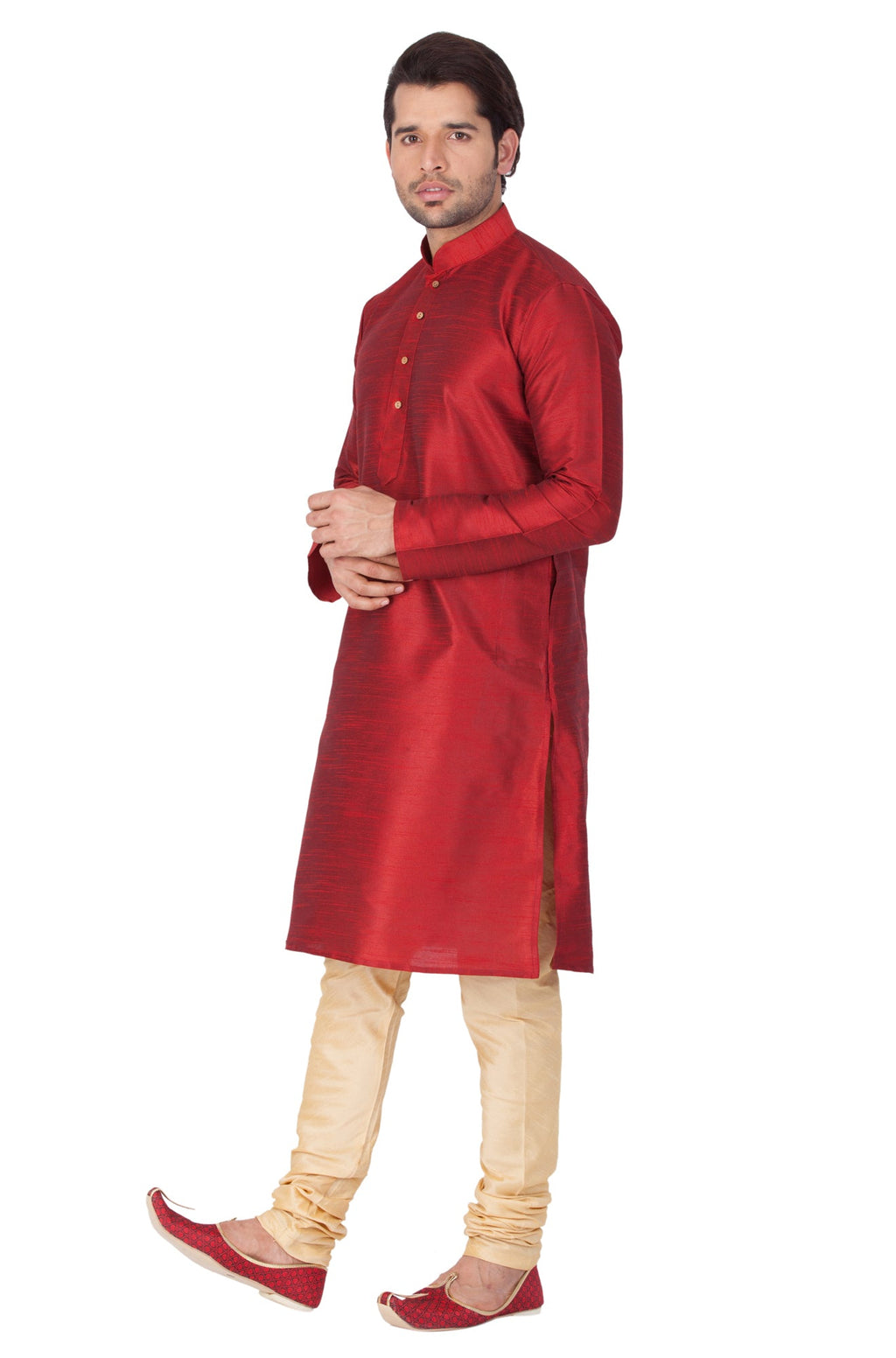 VASTRAMAY Men's Maroon Cotton Silk Blend Kurta and Pyjama Set