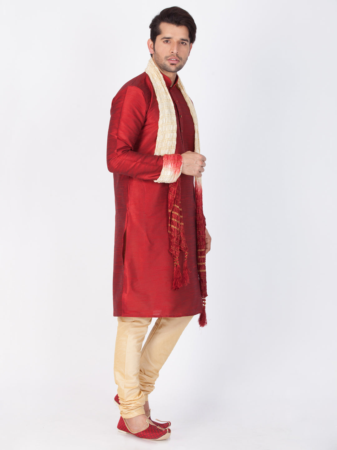 VASTRAMAY Men's Maroon Cotton Silk Blend Kurta, Pyjama & Dupatta Set