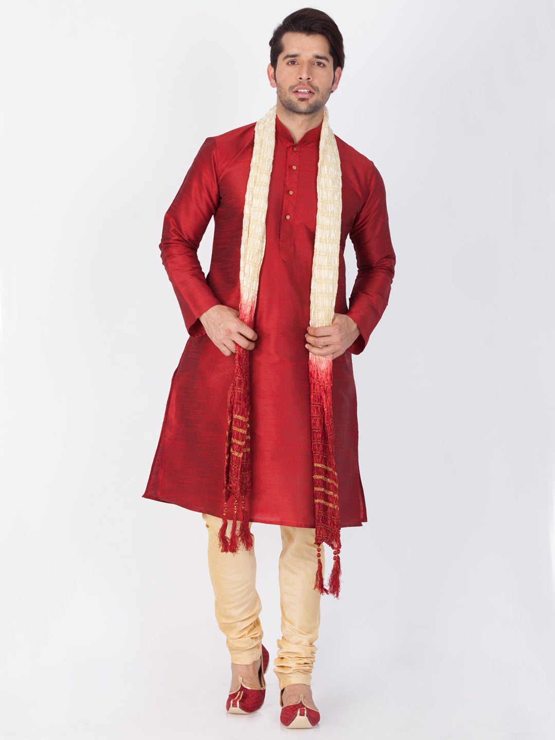 VASTRAMAY Men's Maroon Cotton Silk Blend Kurta, Pyjama & Dupatta Set