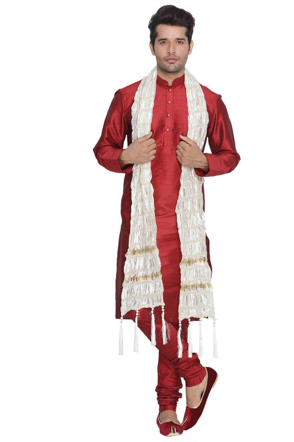 VASTRAMAY Men's Maroon Cotton Silk Blend Kurta, Pyjama & Dupatta Set