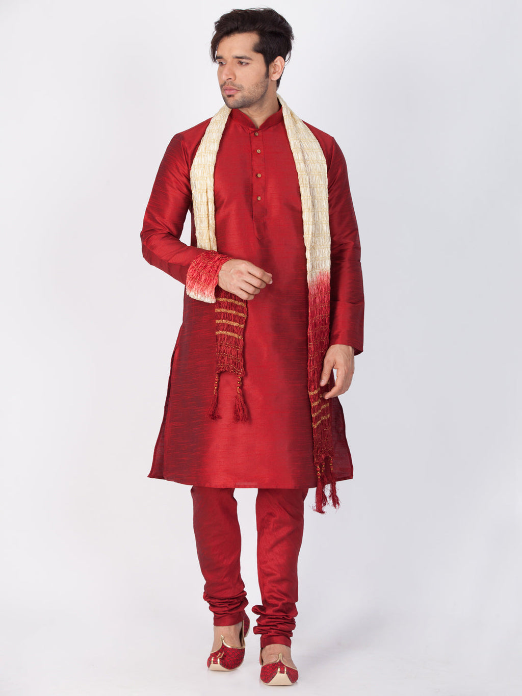 VASTRAMAY Men's Maroon Cotton Silk Blend Kurta, Pyjama & Dupatta Set