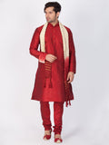 VASTRAMAY Men's Maroon Cotton Silk Blend Kurta, Pyjama & Dupatta Set