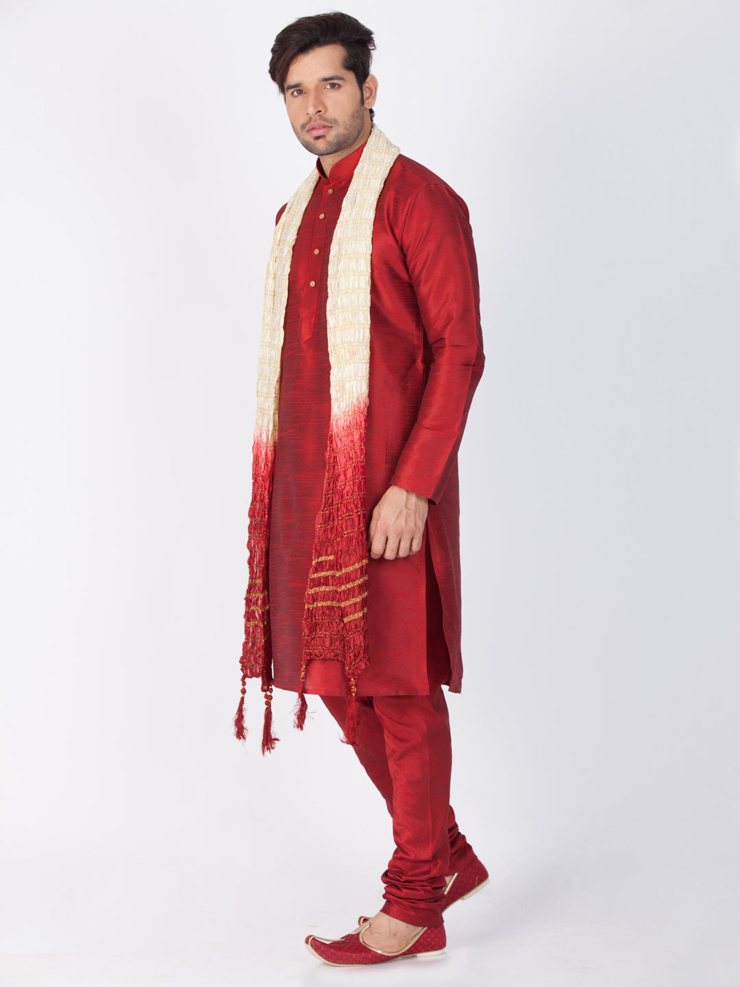 VASTRAMAY Men's Maroon Cotton Silk Blend Kurta, Pyjama & Dupatta Set