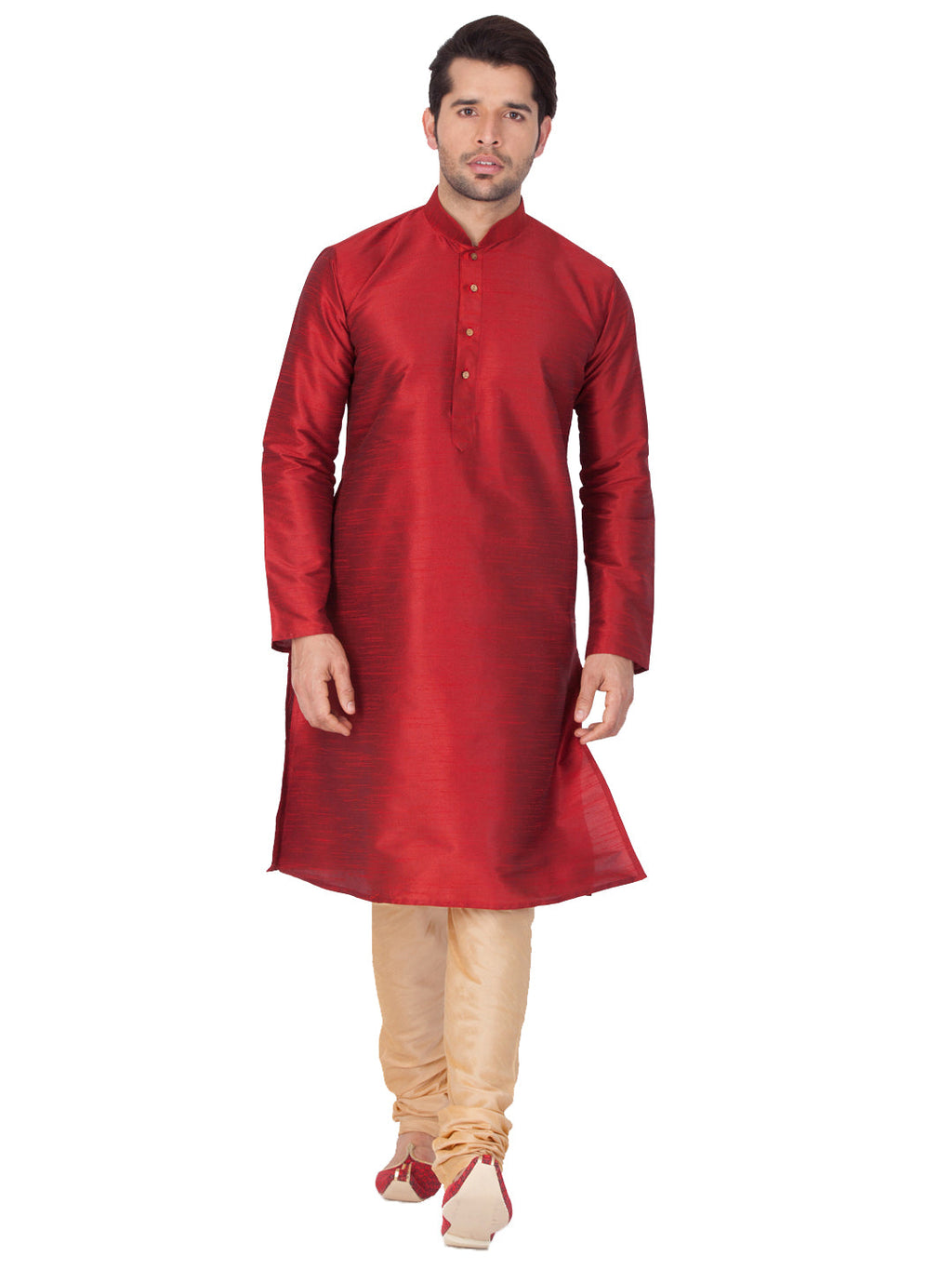 VASTRAMAY Men's Maroon Cotton Silk Blend Kurta and Pyjama Set