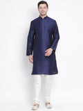 VASTRAMAY Men's Dark Blue Cotton Silk Blend Kurta and Pyjama Set