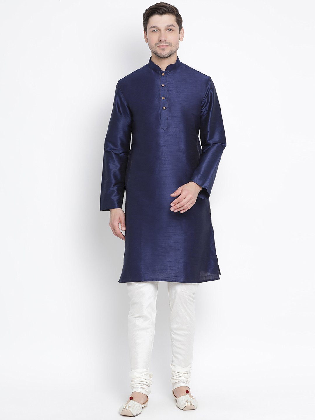 VASTRAMAY Men's Dark Blue Cotton Silk Blend Kurta and Pyjama Set