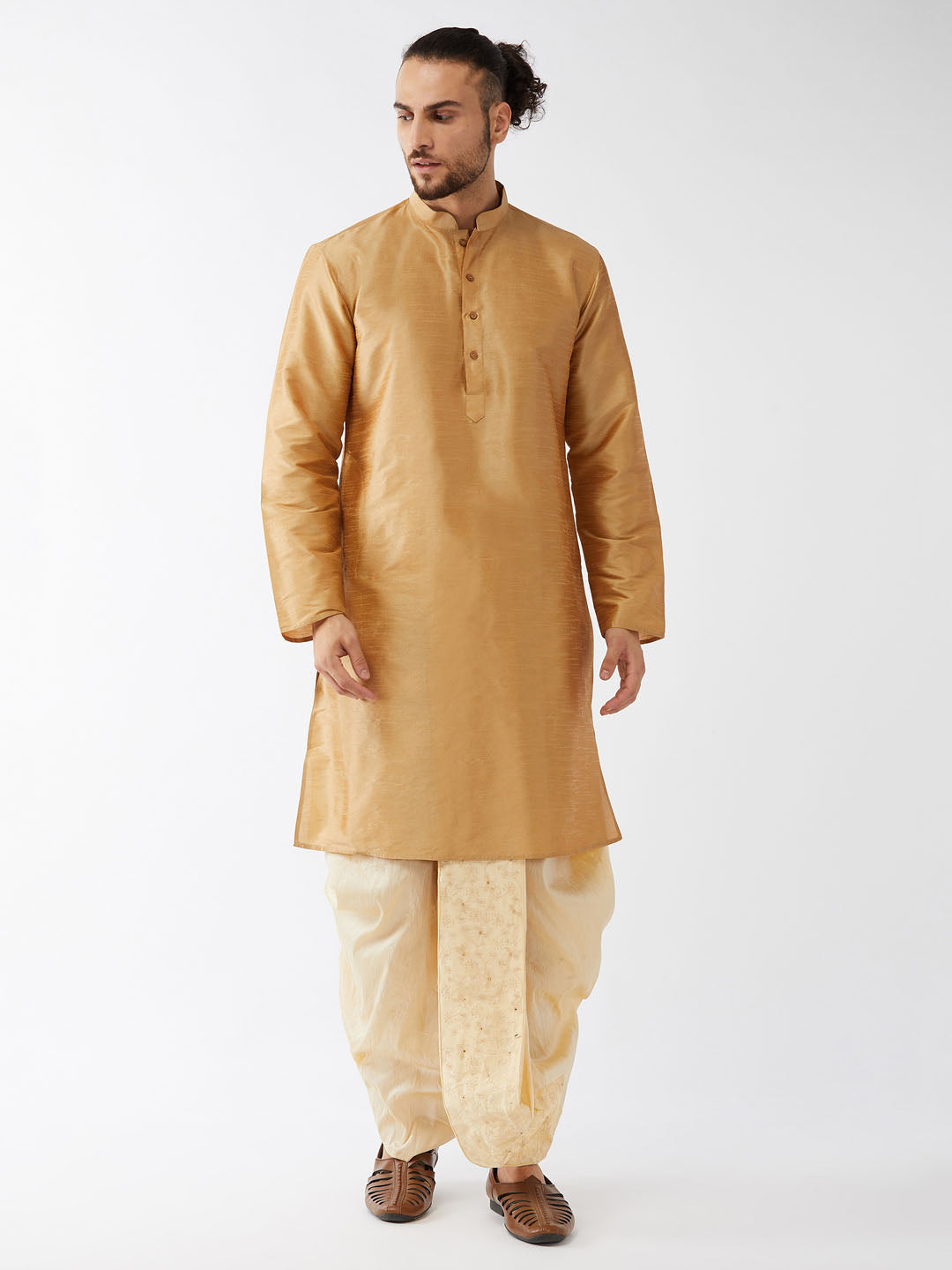 Men's Rose Gold And Gold Silk Blend Kurta And Dhoti Set
