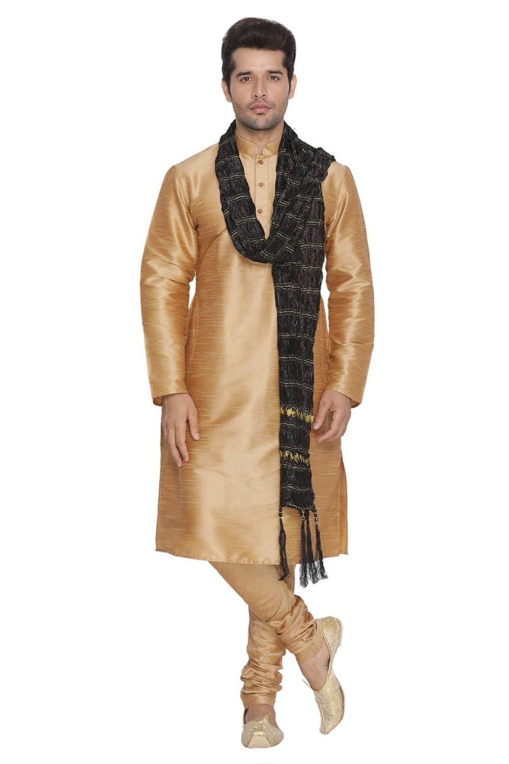 VASTRAMAY Men's Gold Cotton Silk Blend Kurta, Pyjama & Dupatta Set