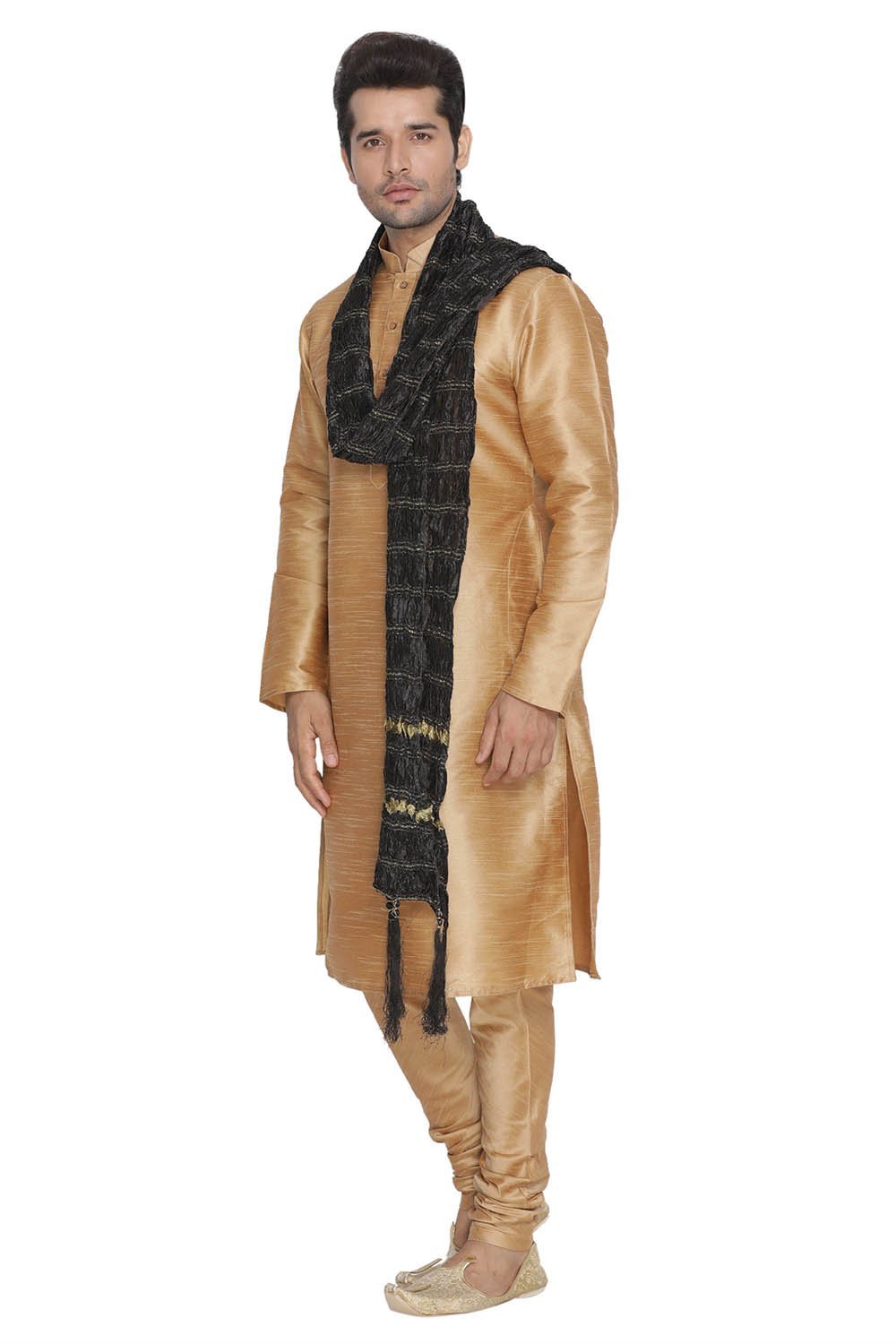 VASTRAMAY Men's Gold Cotton Silk Blend Kurta, Pyjama & Dupatta Set