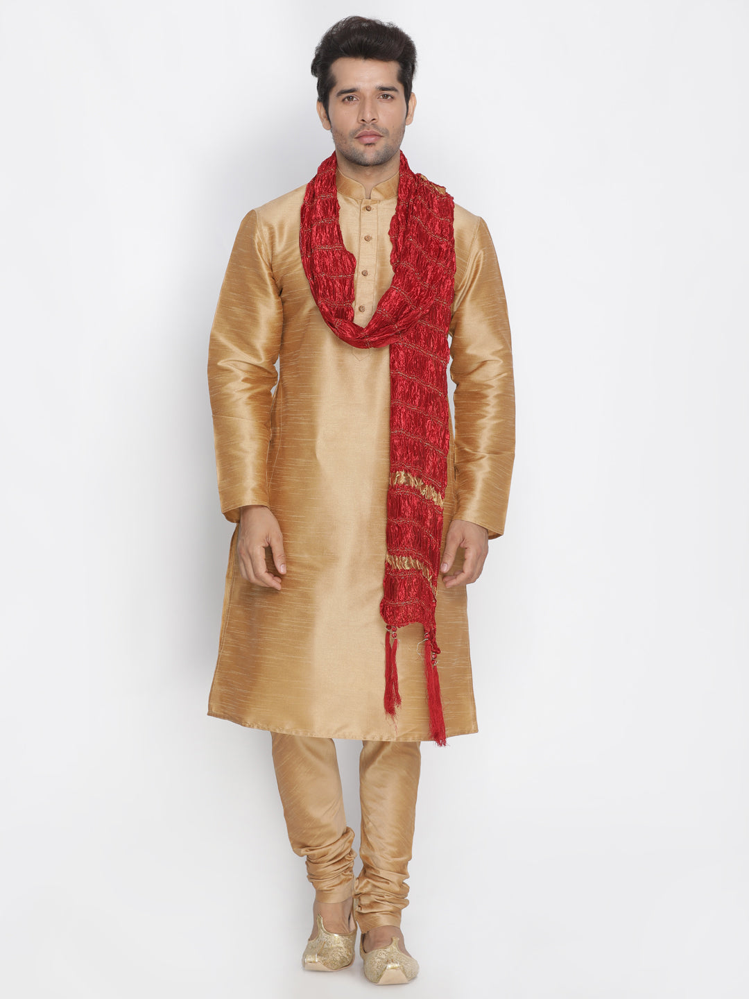 VASTRAMAY Men's Gold Cotton Silk Blend Kurta, Pyjama & Dupatta Set