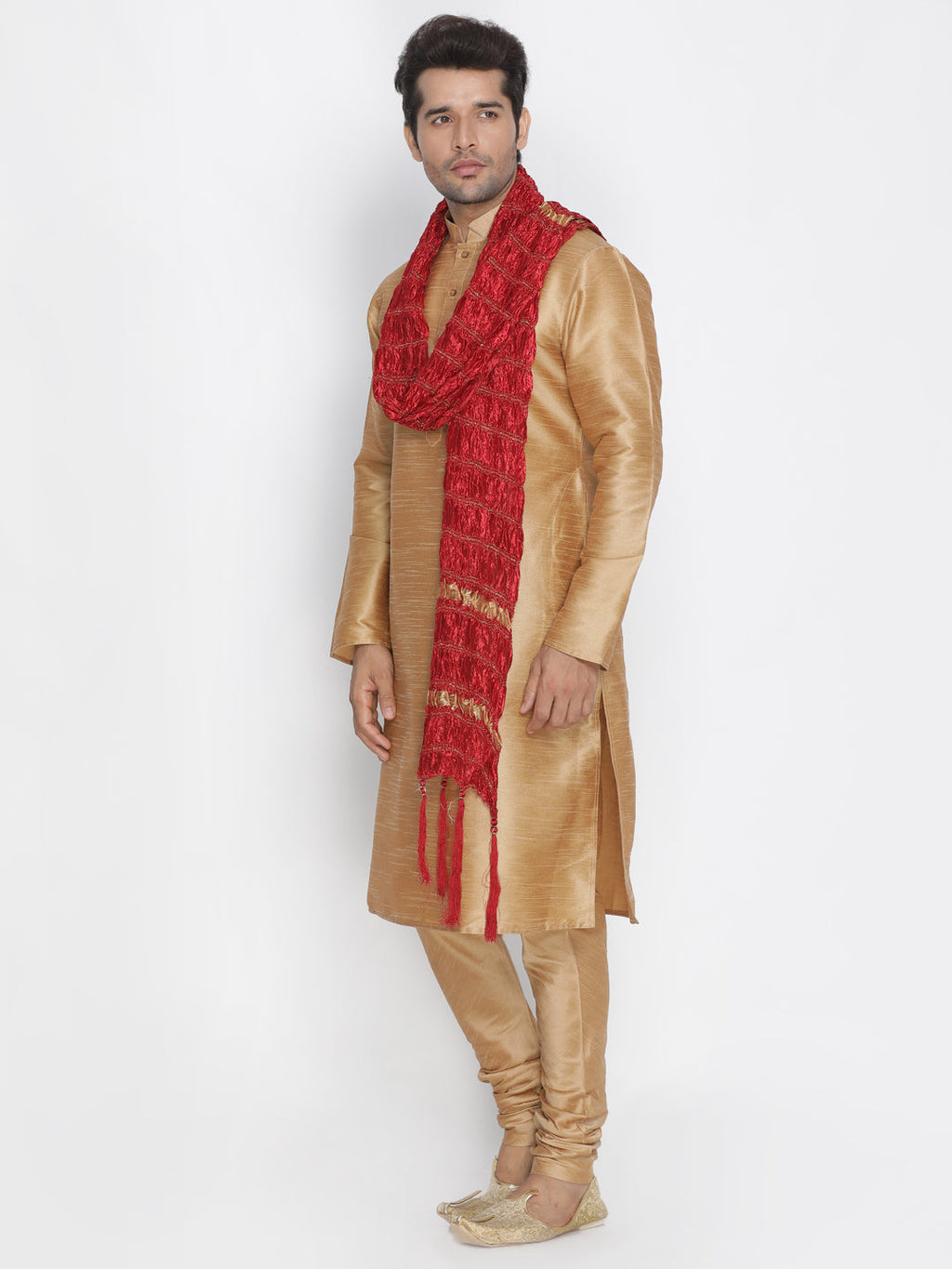 VASTRAMAY Men's Gold Cotton Silk Blend Kurta, Pyjama & Dupatta Set