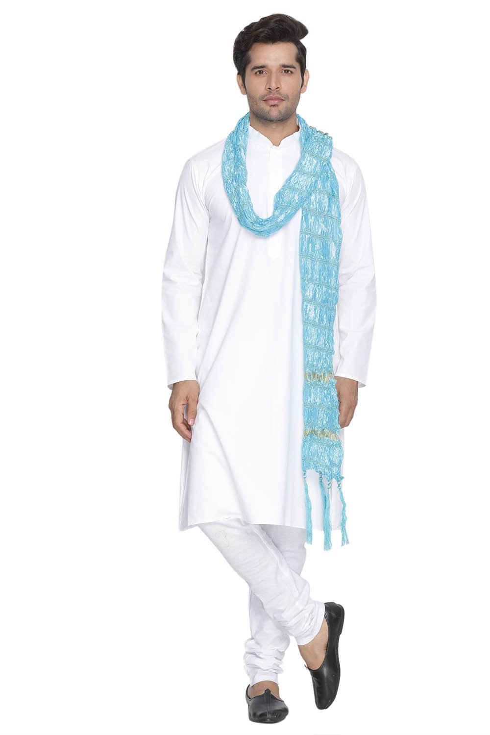 VASTRAMAY Men's White Cotton Kurta, Pyjama & Dupatta Set